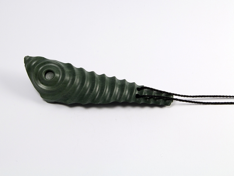 Craig McIntosh, Topography Pendant No.4, 2018, Colac Bay pakohe (metamorphic argillite), 170 x 50 x 25 mm, photo: artist Craig McIntosh, Topography Pendant No.4, 2018