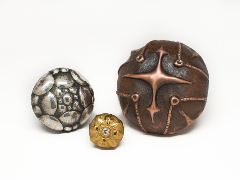 Adam Whitney, Copper Brooch, Silver Brooch, Gold Brooch, 2014, 23-karat gold, diamond, sterling silver, copper, photo: artist Adam Whitney, Copper Brooch, Silver Brooch, Gold Brooch