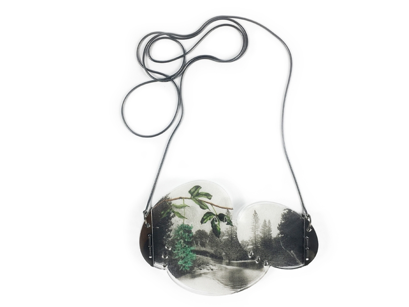Chiara Scarpitti, Lost Landscape, 2017, necklace, silver, yellow and black gold plating, silk, steel, Plexiglas, digital print, 102 x 70 x 6 mm, photo: artist Chiara Scarpitti, Lost Landscape
