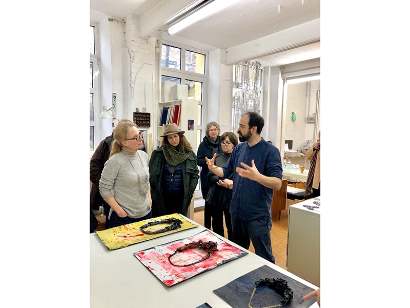 Attai Chen studio visit, with AJF members Tina Rath, Alli Pescosolido, Susan Cummins, and Patti Bleicher, and artist Attai Chen, photo courtesy of Yvonne Montoya Attai Chen studio visit
