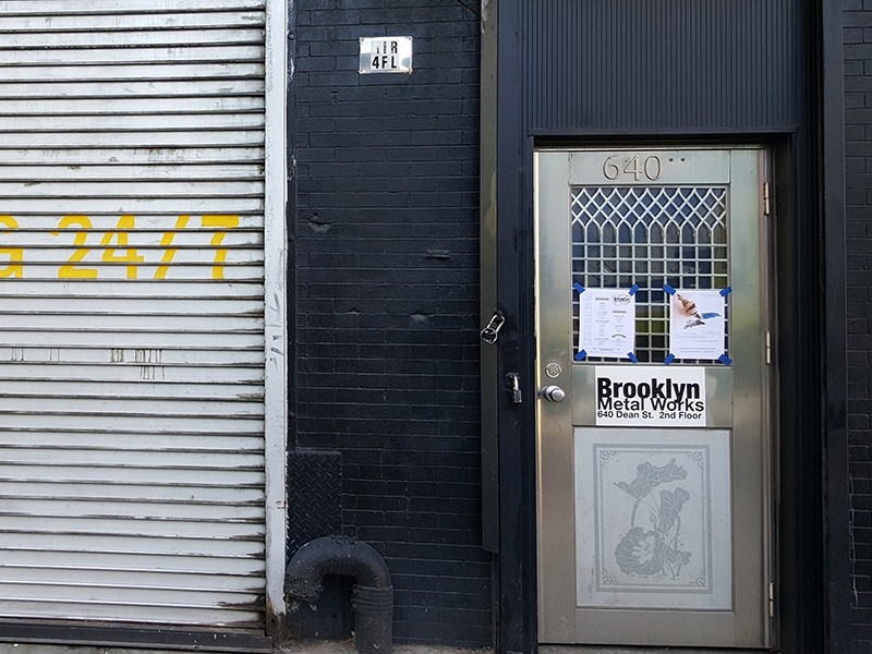 Street view of front door of Brooklyn Metal Works, photo Brian Weissman, courtesy BKMW Street view of front door of Brooklyn Metal Works