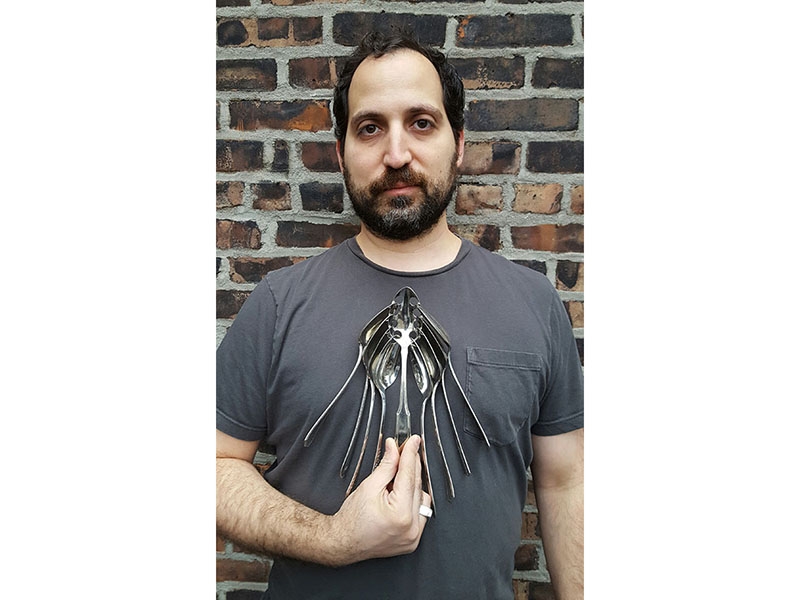 Brian Weissman with the 2016 piece "Rib Cage" for Steinbeisser’s Experimental Gastronomy event at the Montalvo Arts Center in Saratoga, California, photo courtesy BKMW Brian Weissman with the 2016 piece "Rib Cage"