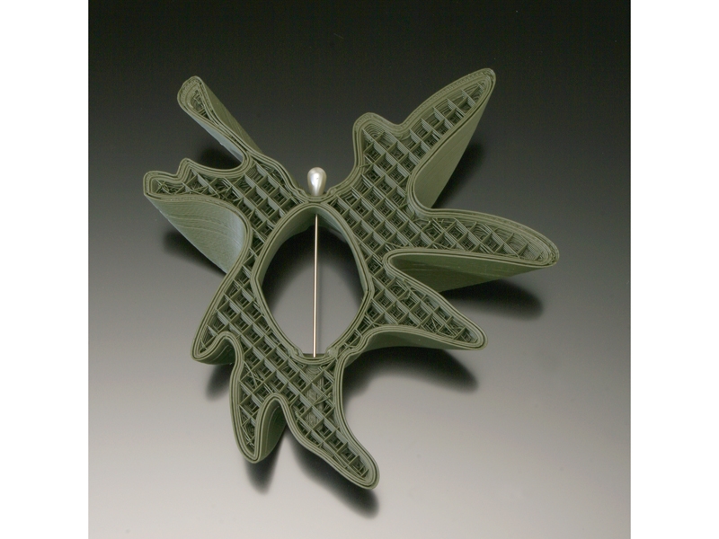 Rebecca Strzelec, Cross Section 7, Army Green Orchids Series, 2006, 3D-printed ABS plastic, corsage pin, 109 x 104 x 22 mm, photo: Doug Yaple Rebecca Strzelec, Cross Section 7, Army Green Orchids Series