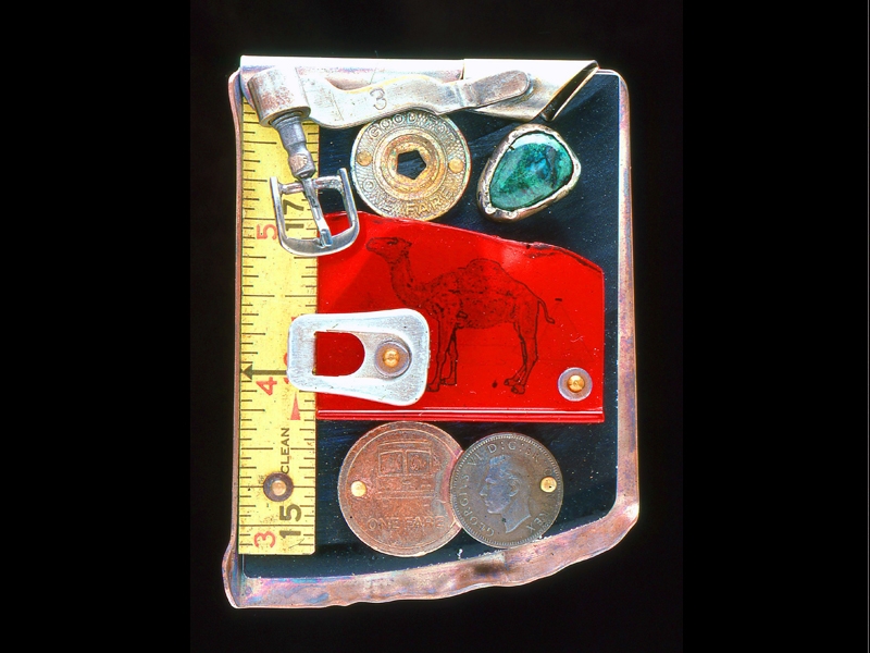 J. Fred Woell, Commuter Pass, 2005, mixed media, copper, steel, paper, brass, plastic, stone, 89 x 67 x 16 mm, permanent collection of the Museum of Arts and Design, photo: artist J. Fred Woell, Commuter Pass