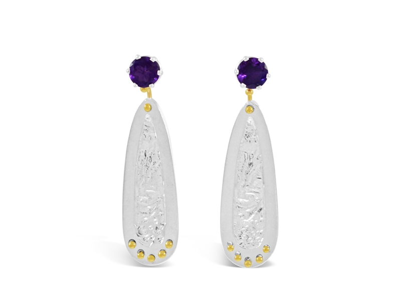 Kristen Baird, Crystalize Earrings, 2017, sterling silver, 18-karat yellow gold, African amethyst, 43 x 12 mm, photo: artist Kristen Baird, Crystalize Earrings