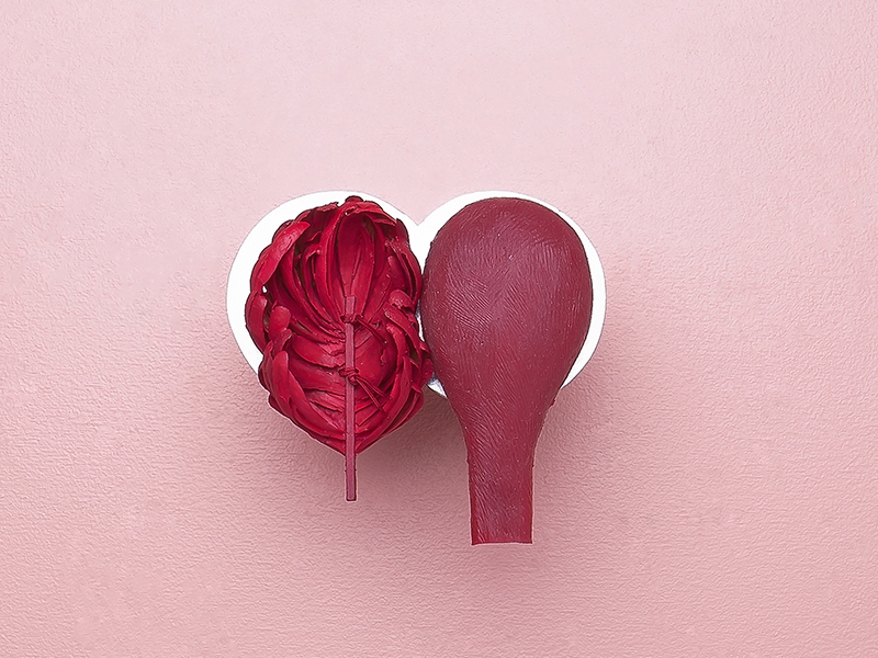 Dongchun Lee, Heart, 2019, brooch, wood, silicone rubber, string, zinc-galvanized steel, nickel silver, 100 x 110 x 40 mm, photo: artist Dongchun Lee, Heart