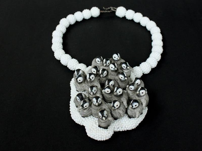 Sari Liimatta, Exposure, 2016, necklace, aluminum, glass beads, wooden beads, plastic, oxidized silver, polyamide thread, plastic toys, aluminum tube, wire, 280 x 175 x 50 mm, photo: artist Sari Liimatta, Exposure