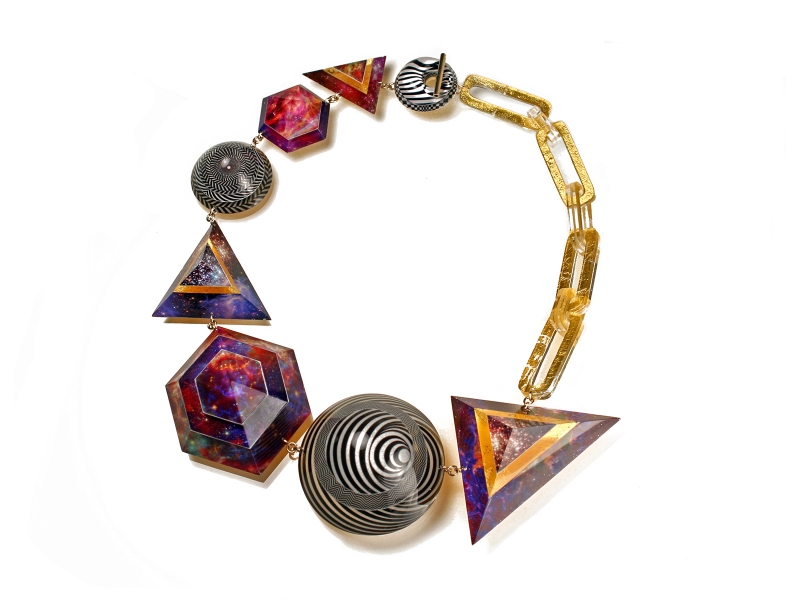 Jennifer Merchant, Night/Dazed Statement Necklace 1, 2018, acrylic, inkjet prints, 23-karat gold leaf, 14-karat gold, 635 mm long, central dome 64 mm in diameter and 44 mm thick, photo: artist Jennifer Merchant, Night/Dazed Statement Necklace 1