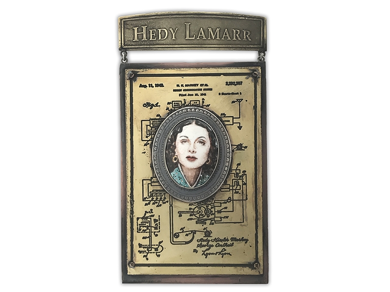 Mana Hewitt, Hedy Lamarr, 2019, commemorative medal, vitreous enamel, etched brass, copper, sterling silver, 120 x 63 x 6 mm, photo courtesy of the artist Mana Hewitt, Hedy Lamarr