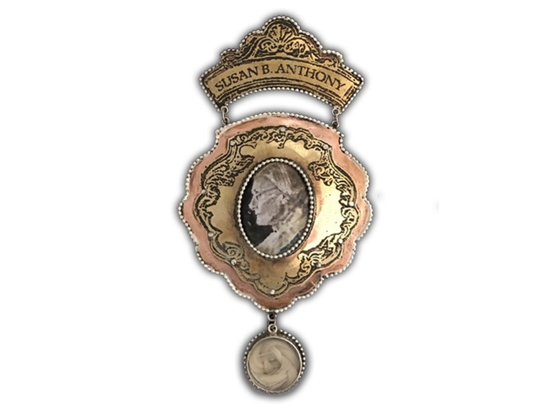 Mana Hewitt, Susan B. Anthony, 2017, commemorative medal, vitreous enamel, etched brass, copper, sterling silver, 146 x 76 x 6 mm, photo courtesy of the artist Mana Hewitt, Susan B. Anthony