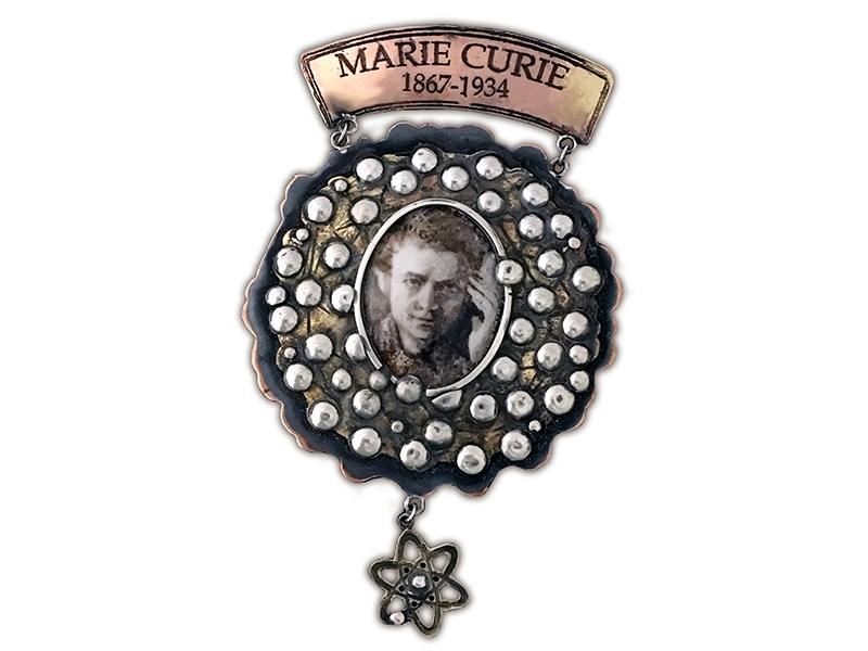 Mana Hewitt, Marie Curie, 2017, commemorative medal, vitreous enamel, etched brass, copper, sterling silver, 127 x 82 x 6 mm, photo courtesy of the artist Mana Hewitt, Marie Curie