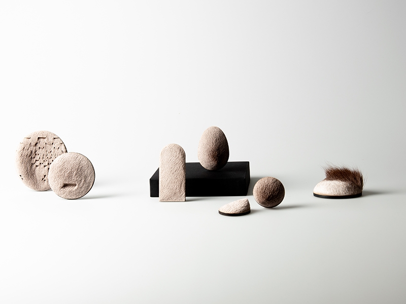Lore Langendries, brooches from the Hide, the Fragment series, 2019, roe deer and reindeer hide, saddle leather, magnets, between 50 x 50 x 50 mm and 150 x 110 x 15 mm, photo: artist Lore Langendries, brooches from the Hide, the Fragment series