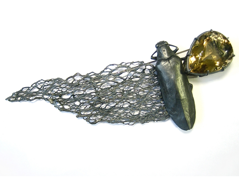 Georg Dobler, One Wing Beetle, 2018, brooch, oxidized silver cast from nature, citrine, 152 x 58 mm, photo courtesy of Gallery Loupe Georg Dobler, One Wing Beetle