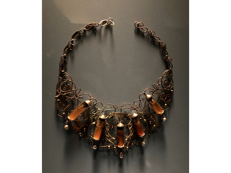 Simon Costin, Incubus, 1987 (gift of Donna Schneier), necklace, silver, copper, glass, baroque pearls, human sperm, paper, laminate, silk, photo: Susan Cummins Simon Costin, Incubus
