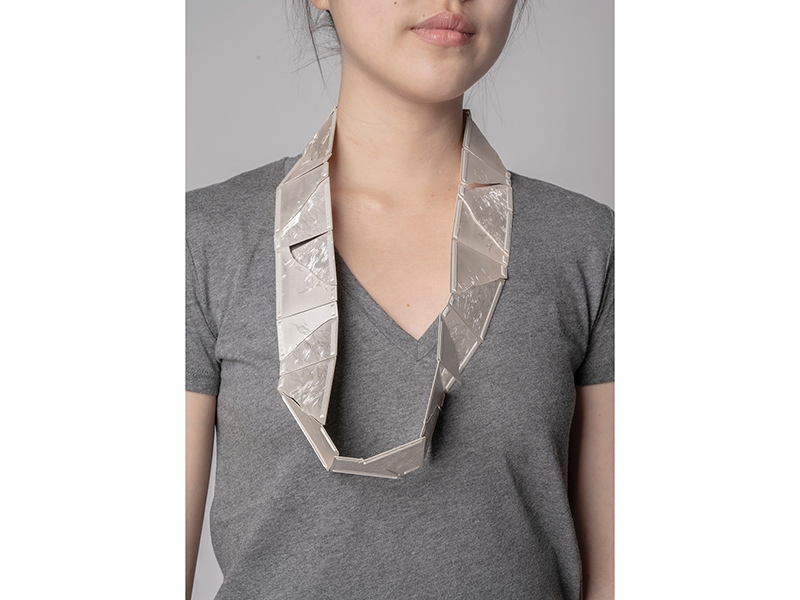 Valerie James, Weird Pass beneath Congdon, 2019, necklace, sterling silver, silk ribbon, 889 x 51 mm open and 216 x 279 mm closed, photo: artist Valerie James, Weird Pass beneath Congdon