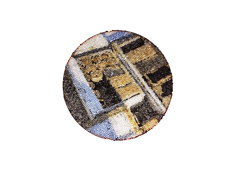 Kirsten Haydon, Ice Container, 2014, brooch, Enamel, Photo Transfer, Reflector Beads, Silver, Copper, Steel, 80 x 80 x 10mm, Photo courtesy of Gallery S O Kirsten Haydon, Ice Container