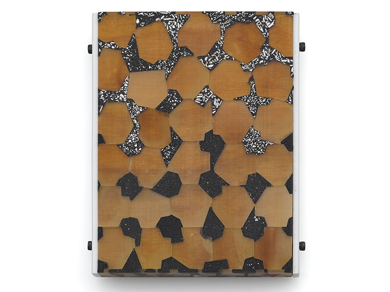 Thomas Gentille, Untitled, 21st Century, brooch, plywood, horn, ebony, eggshell inlay, pure pigment inlays, resin, plastic, steel, plasticized paper, 102 x 76 x 19 mm, photo: Joe Gold Thomas Gentille, Untitled