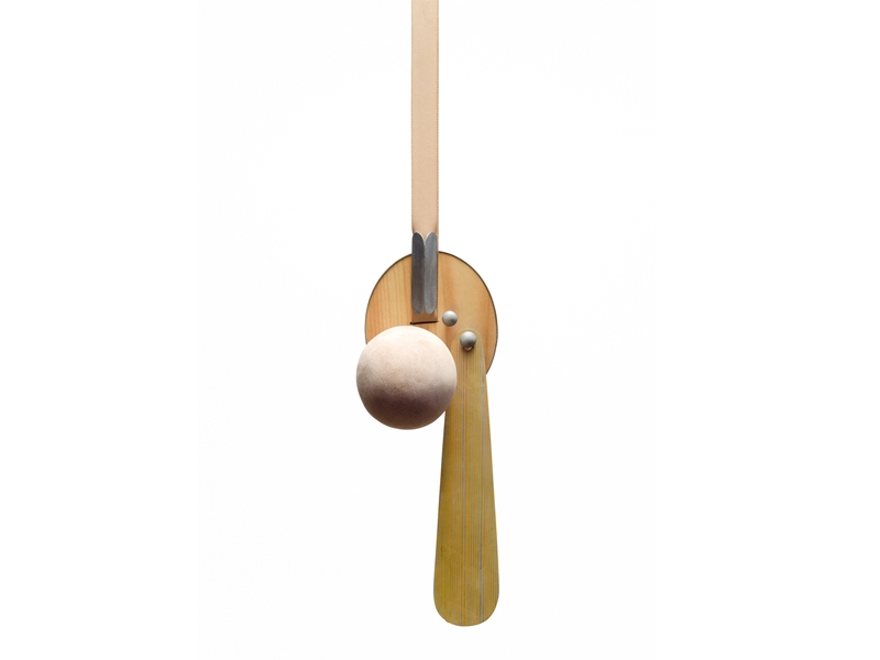 Lucy Sarneel, Juggler's Moment #3, 2014, pendant, zinc, plastic, acrylic paint, varnish, wood clay, polyester ribbon, 580 x 90 x 70 mm, photo: Rob Bohle Lucy Sarneel, Juggler's Moment #3, 2014, pendant