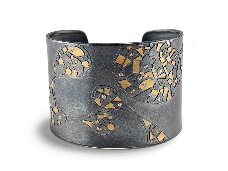 Peter Schmid~Atelier Zobel, Abstract Metal Mosaic Cuff, 2018, bracelet, oxidized sterling silver, 24-karat yellow gold, 0.22 carats yellow diamonds, 0.04 ctw champagne colored diamonds, vsi, photo courtesy of Patina Gallery Peter Schmid~Atelier Zobel, Abstract Metal Mosaic Cuff