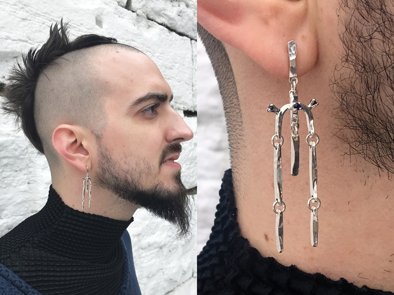 Maura Lenahan, Bone Chandelier Studs, 2017, earrings, sterling silver, sapphires, photo: Nora McCarthy, model: Andrew Sokol Maura Lenahan, Bone Chandelier Studs, 2017