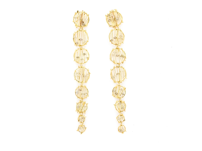 Nina Bukvic, Long Skeleton Drop Post Earrings, 2017, 18-karat gold, gray and white diamonds, 89 x 13 mm, photo: courtesy of Shibumi Gallery Nina Bukvic, Long Skeleton Drop Post Earrings