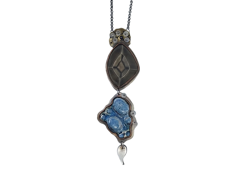 Nancy Sickbert-Wheeler, Molecular Necklace, 2018, enamel, silver, copper, moonstones, photo: Abby Rosen Nancy Sickbert-Wheeler, Molecular Necklace