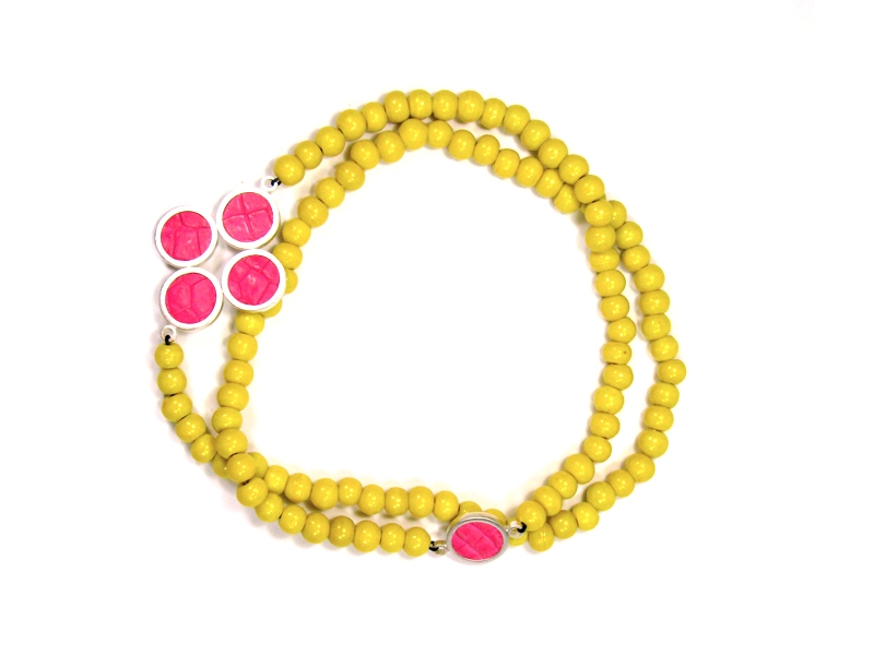 Kylie Gartside, Necklace, 2010, repurposed jewelry, yellow beads, pink crocodile leather, silver, photo: artist Kylie Gartside, Necklace