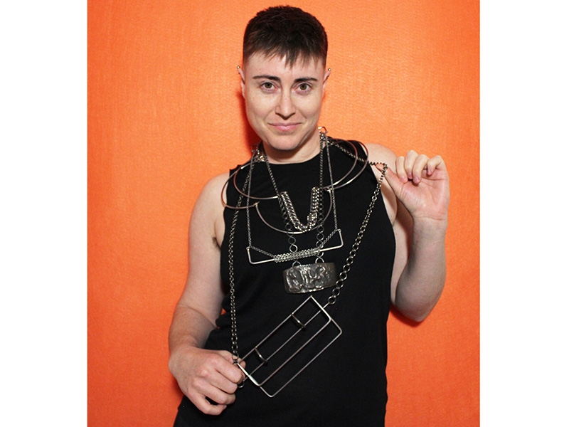 Rebekah Frank wearing her jewelry en masse, 2018, photo: artist Rebekah Frank