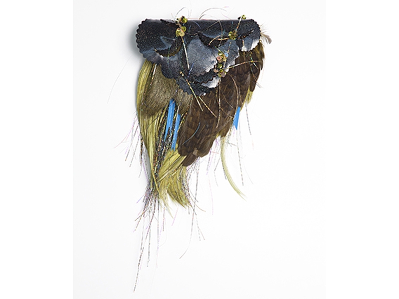 Lyndsay Rice, Untitled #2, from the Honor Badge Series, 2013, fur, feathers, powder coat, plastic, dye, sequins, brass, steel, 152 x 203 x 51 mm, photo: artists, 2013, fur, feathers, powder coat, plastic, dye, sequins, brass, steel, 152 x 203 x 51 mm, photo: artist Lyndsay Rice, Untitled #2, from the Honor Badge Series