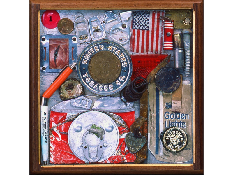 J. Fred Woell, The Late Great Disposable Society, from the series Back to Square One, 1983, mixed media, wood, glass, fiber, aluminum, brass, steel, plastic, copper, 203 x 203 x 38 mm, collection of Claire Sanford and Charles Crowley, photo: artist J. Fred Woell, The Late Great Disposable Society
