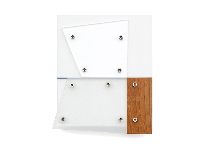 Thomas Gentille, brooch, plywood, transparent acrylic, translucent acrylic, lacquer, resin, stainless steel, nylon, resonated paper, air, photo: Joe Gold