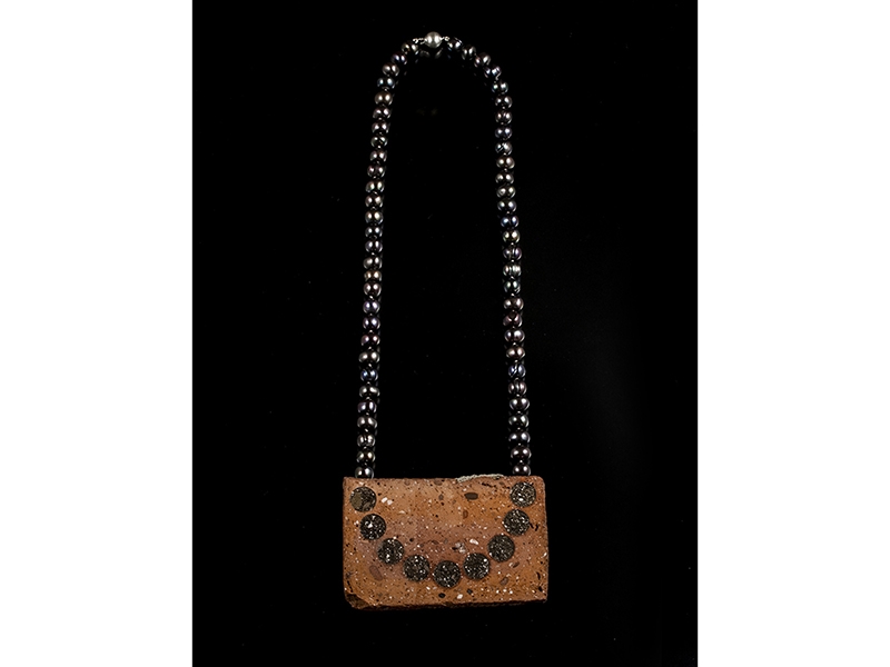 Kerianne Quick, Transmutations 22, 2018, Necklace, foraged brick, inherited pearls, silk, modified sterling silver clasp from an inherited necklace, 11.75 x 3.5 x 3/8", Photo: Kerianne Quick Kerianne Quick, Transmutations 22