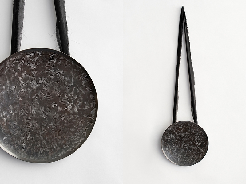 Valerie James, The Slough, 2018, pendant, oxidized copper, silk, 165 x 165 x 25 mm, photo: artist Valerie James, The Slough