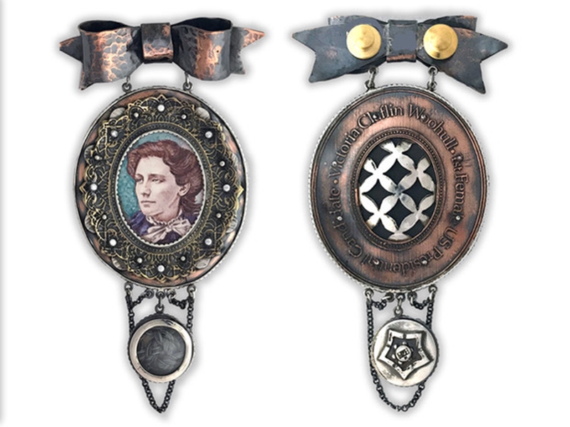 Mana Hewitt, Victoria Claflin Woodhull, commemorative medal, vitreous enamel, etched brass, copper, sterling silver, 127 x 64 x 6 mm, photo courtesy of 701 Center for Contemporary Art Mana Hewitt, Victoria Claflin Woodhull