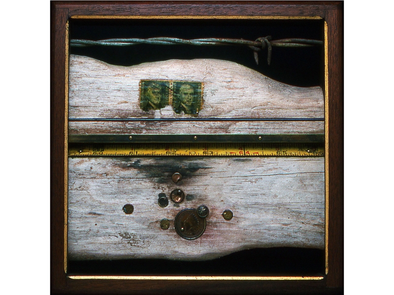 J. Fred Woell, Was the West Really Won?, from the series Back to Square One, 1982, found object assemblage, Indian penny, postage stamps, bullet shells, 203 x 203 x 32 mm, permanent collection of the Portland Museum of Art, photo: artist J. Fred Woell, Was the West Really Won?