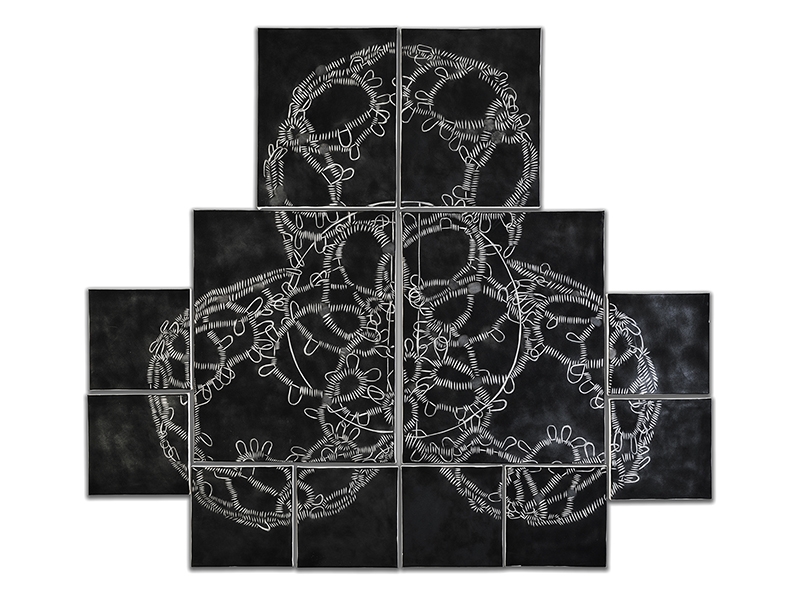 Sarah Holden, Wire Lace Soot Drawing #1 in Twelve Parts, 2017, drawing on canvas, canvas, acetylene soot, 1.2 m x 1.2 m x 2.5 cm, photo: Morgan Anderson Sarah Holden, Wire Lace Soot Drawing #1 in Twelve Parts
