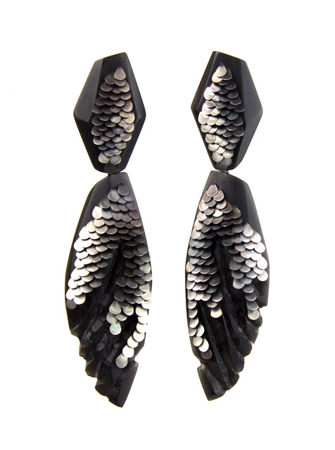 Emmeline Hastings, Double Drop Black Murmur Earrings, 2017, hand-carved black acrylic, oxidized silver, approximately 90 mm, photo: artist Emmeline Hastings, Double Drop Black Murmur Earrings