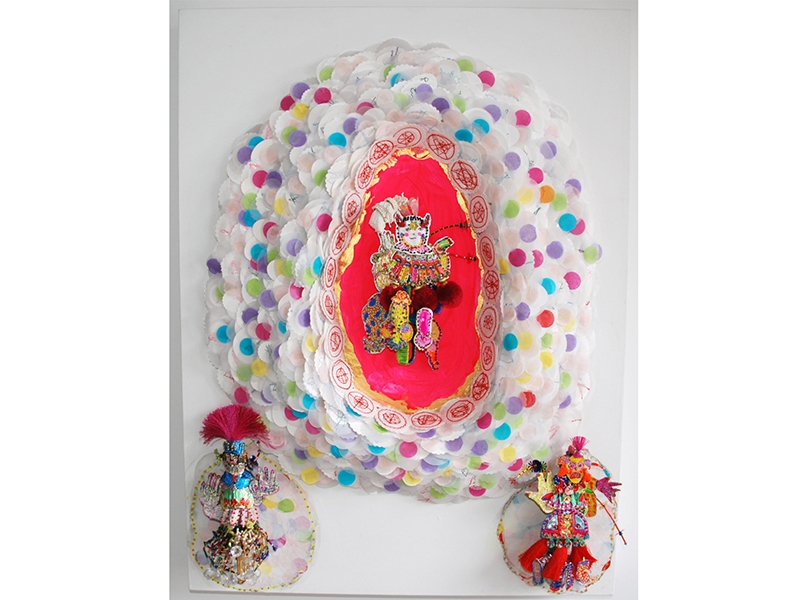 Coco Sung, Pheromon, Oxy, Sero, 2018, wall object with three brooches, wood, canvas, brass, copper, thread, rack, colorful wire, beads, glass beads, wall object 60 x 80 x 10 cm, brooch at center (Pheromon) 270 x 110 x 60 mm, brooch at left (Oxy) 250 x 110 x 60 mm, brooch at right (Sero) 220 x 120 x 40 mm, photo: Doreen Timmers Coco Sung, Pheromon, Oxy, Sero, 2018