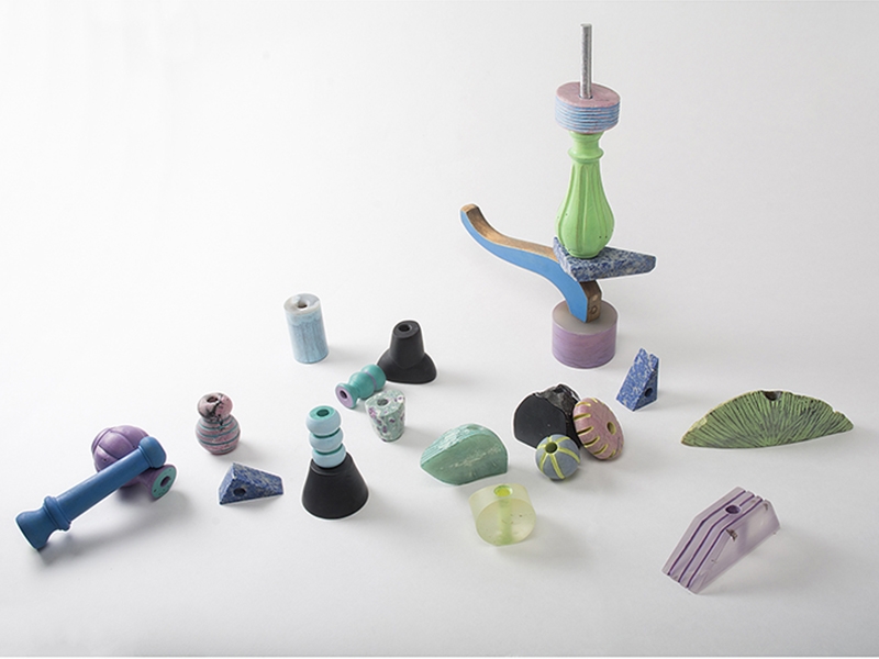 Eva Burton, Toy Totem, 2017, (table) sculpture, recovered woods from furniture, ruby-zoisite, rock crystal, lapis lazuli, obsidian, aventurine, agate, rhodonite, blue chalcedony, anodized aluminum, varying dimensions, aluminum stick approximately 400 mm long, photo: Qi Wang Eva Burton, Toy Totem