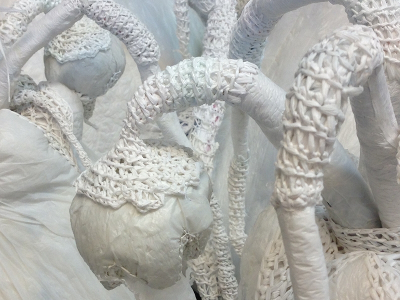 Detail of the leather-like skins created from material treatments of crochet, fraying, and laminating plastic bags in Yevgeniya Kaganovich’s Glow, 2016, photo: Jim Charles Yevgeniya Kaganovich Glow