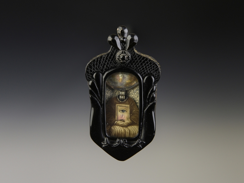 Robin Kranitzky and Kim Overstreet, Reflecting on the Emotion, brooch #1773, 2018, acrylic, copper, brass, paper, mirror, wood, acetate, other materials, 95 x 45 x 13 mm, photo: Allen Hurdle Robin Kranitzky and Kim Overstreet, Reflecting on the Emotion