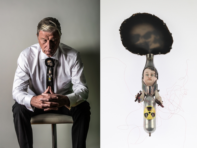 Serena Holm, Thin Man, brooch, Antique porcelaine doll parts, silver, gold, copper, enamel, agate, tzavorite, ruby, turquoise, ebony, cartridge. 20 x 8.5 x 3 cm Photo by: Holstr.se. Model: Tim Peterson. Serena Holm, Thin Man
