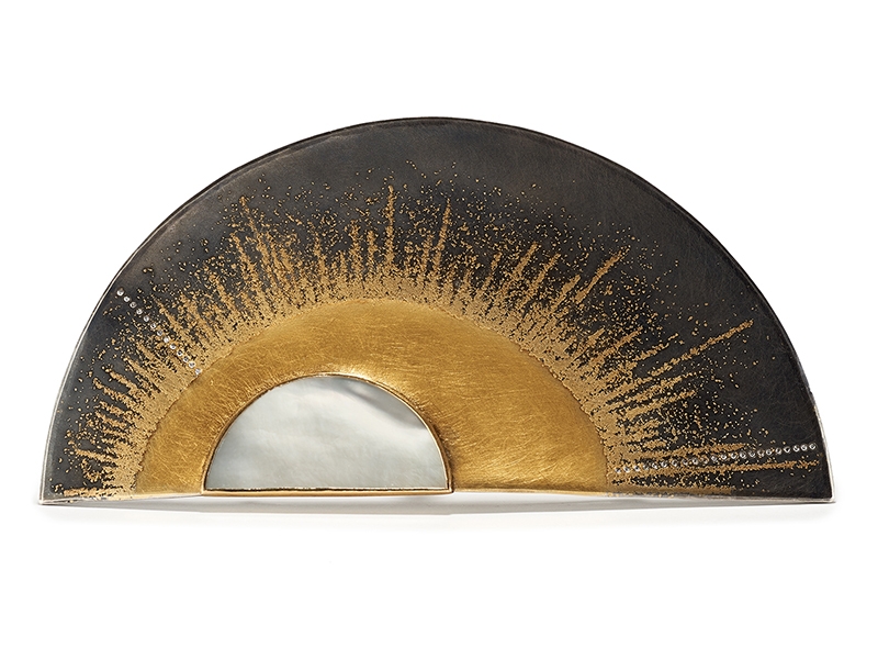 Peter Schmid, Atelier Zobel, Half Moon Brooch, 2019, sterling silver, 24-karat yellow gold, mother-of-pearl, 13 diamonds 0.13 ctw., 83.5 x 177.8 mm, photo: Patina Gallery Peter Schmid, Atelier Zobel