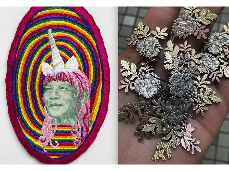 Stacey Lee Webber, (left) embroidery on currency and (right) earrings made from coins