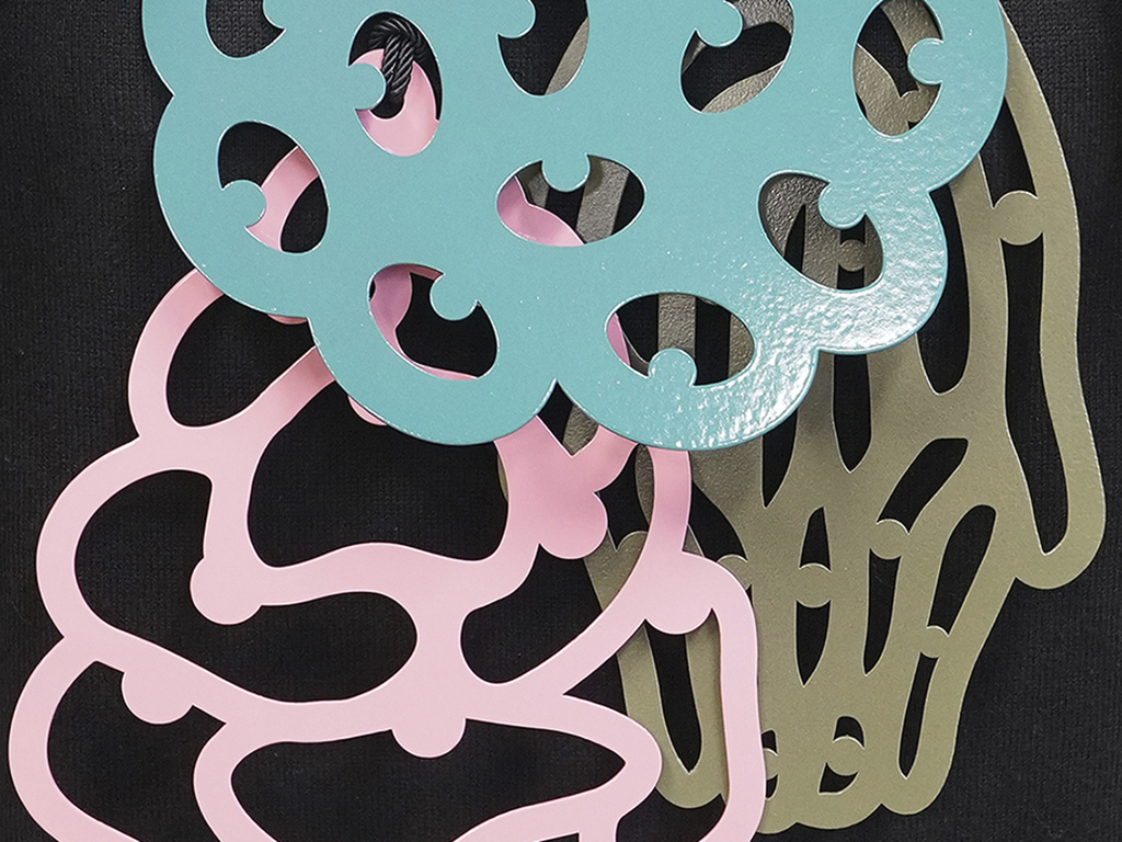 Zahra Almajidi, Where Are YOU From?: Surveillance (Select Objects) (detail), 2021, necklaces, brass, powder coating, silk cord, dimensions variable, photo: Bonnie Xue Where Are YOU From?: Surveillance (Select Objects)