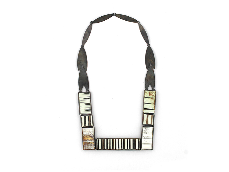 Raïssa Bump, Ripple, 2017, Necklace, sterling silver, mirror, 24k plated glass beads, mixed media, 29 1/2 x 1 x 1/4" photo courtesy of Sienna Patti Contemporary