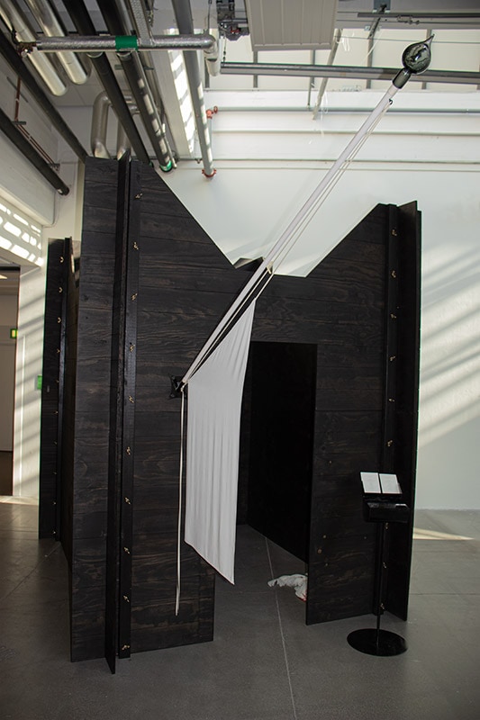 These Are Things I Remember/ The mausoleum or A fort on our brown lawn, isopods in the shadow, 2021, sculpture, black glazed spruce plywood, pinewood, steel, brass, tar, 300x250x300 cm, photo: Elias Dahl