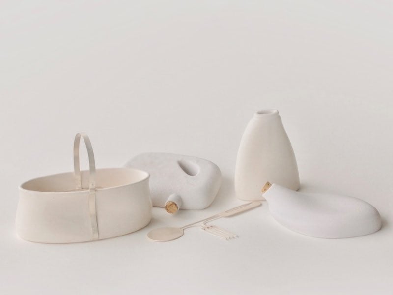 Drifters, 2018, ambiguous utilitarian forms, gypsum, porcelain, sterling silver, cork, ranges from 7x3x0.05in to 8x5x7in, photo: Dani Epstein