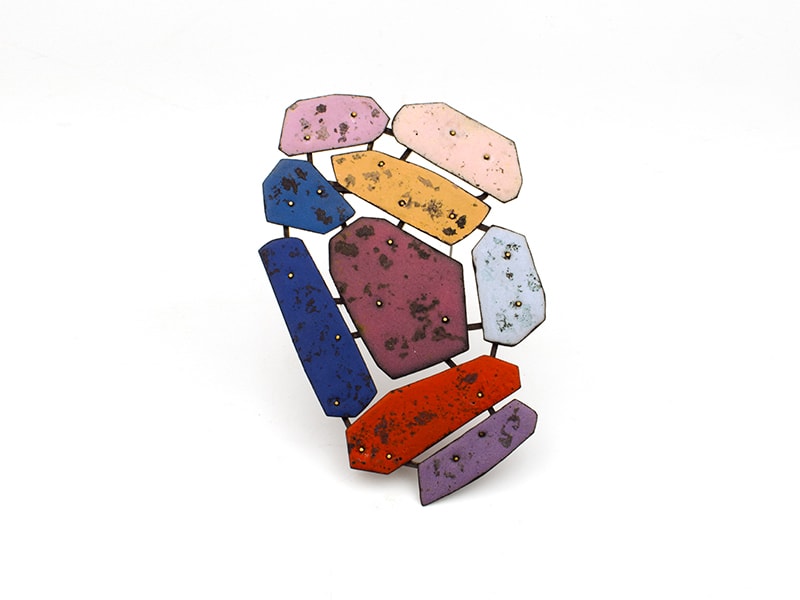 Colorscape Brooch 11, 2017, brooch, steel, sterling silver, vitreous enamel, 5 x 3 x 0.25 inches, photo: artist