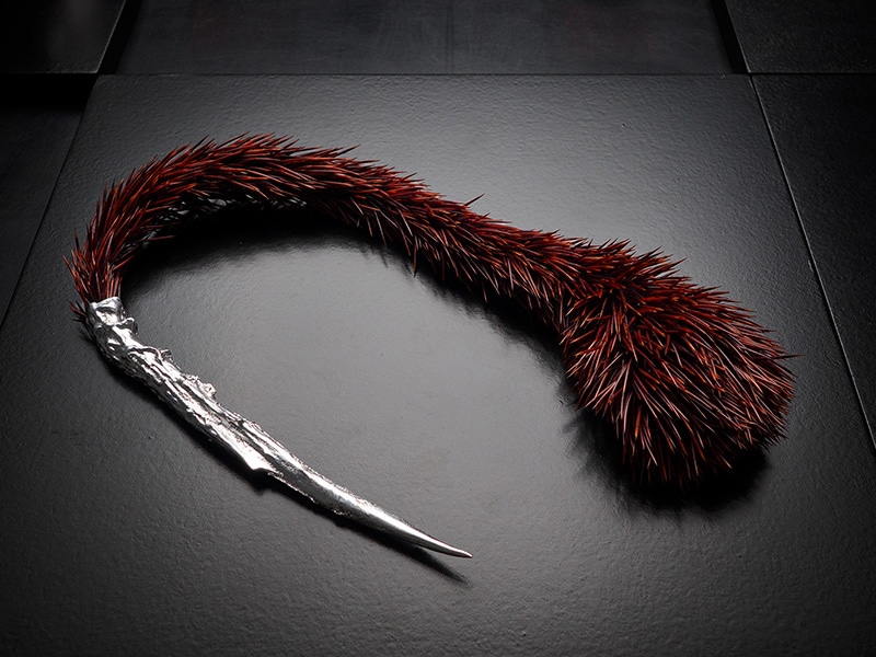 Untitled, 2021, object, hedgehog quills, aluminium, 32x21cm, photo: Helena Perminger